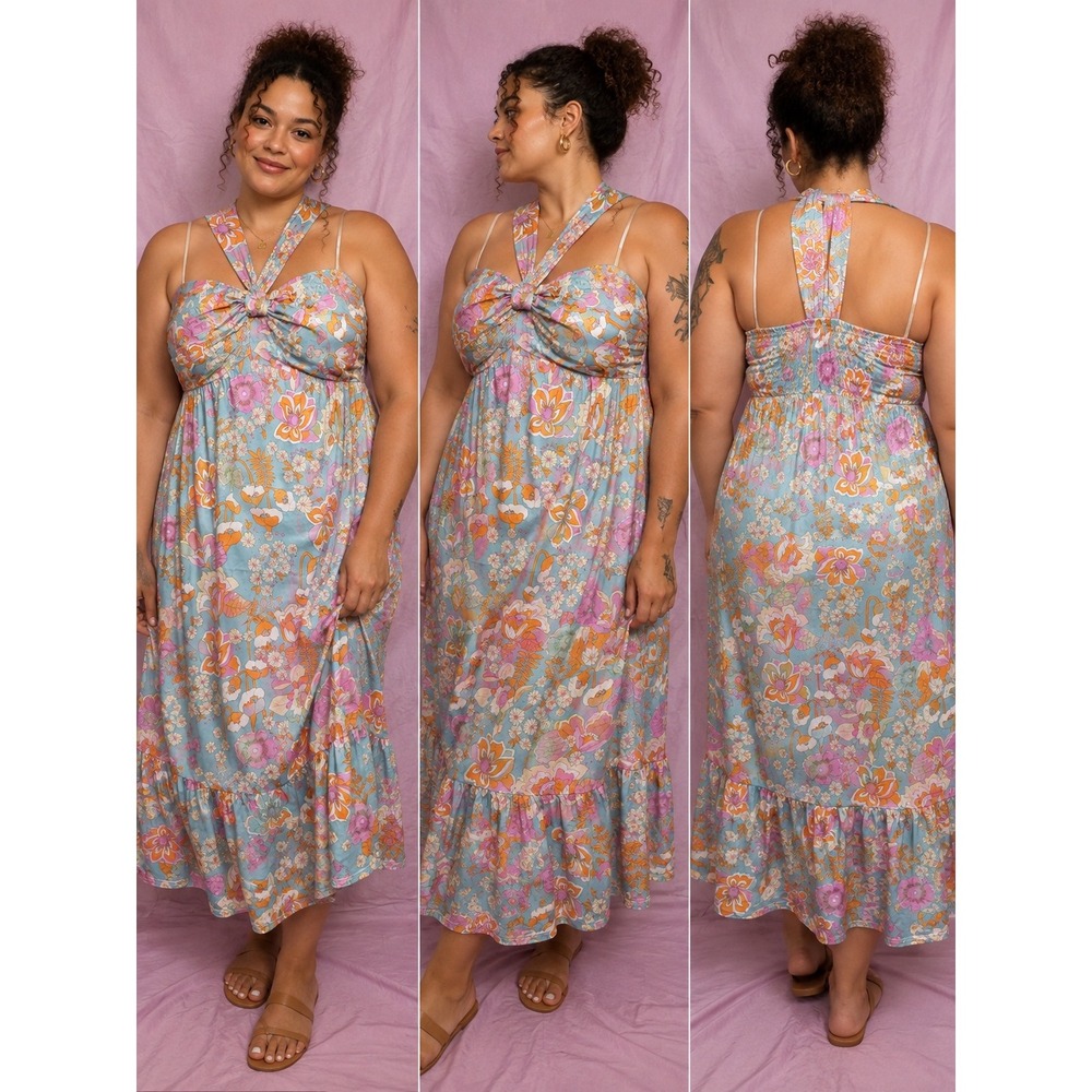 Grace Karin Floral Halter Maxi Dress Blue Orange Boho 70s Psychedelic Large